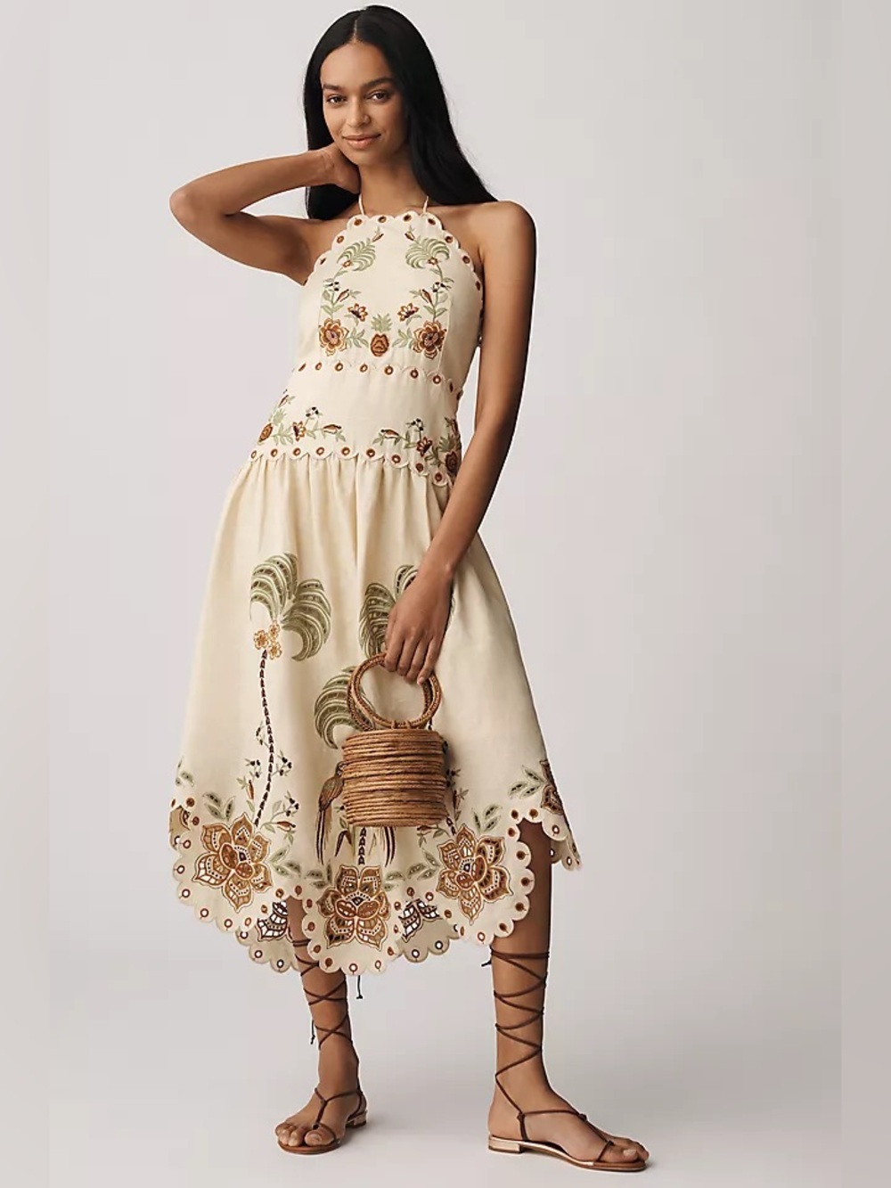 NWT Farm Rio Delicate Forest Linen Halter Eyelet Midi Dress - Picture 3 of 15